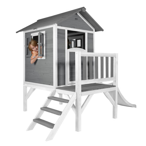 AXI Speelhuis Beach Lodge XL Grijs met witte glijbaan Speelhuis op palen met veranda gemaakt van FSC hout