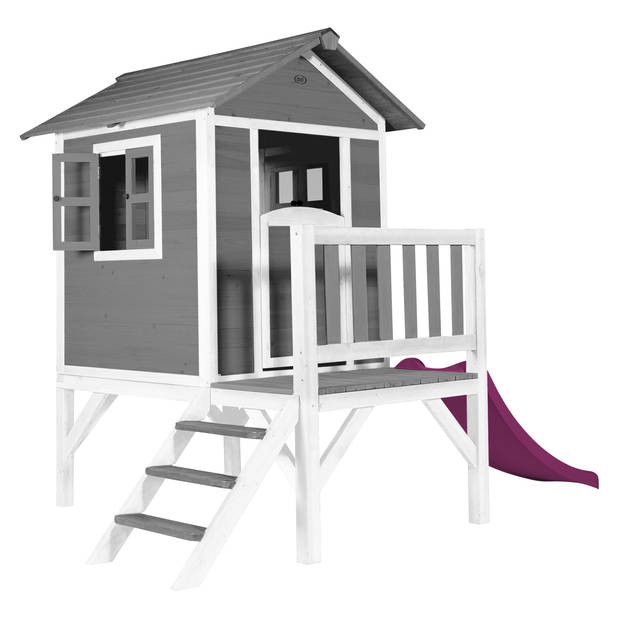 AXI Speelhuis Beach Lodge XL Grijs met paarse glijbaan Speelhuis op palen met veranda gemaakt van FSC hout