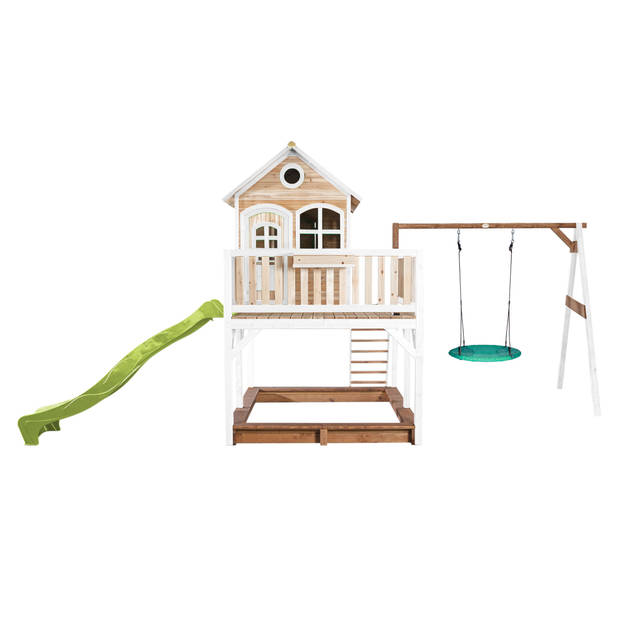 AXI Liam Speelhuis op palen, zandbak, nestschommel & limoen groene glijbaan Speelhuisje voor de tuin / buiten in bruin