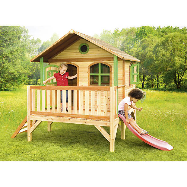 AXI Stef Speelhuis op palen & rode glijbaan Speelhuisje voor de tuin / buiten in bruin & groen van FSC hout