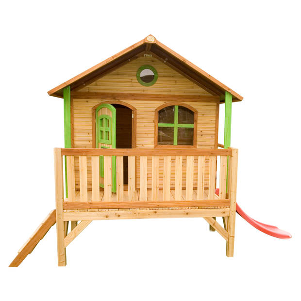 AXI Stef Speelhuis op palen & rode glijbaan Speelhuisje voor de tuin / buiten in bruin & groen van FSC hout