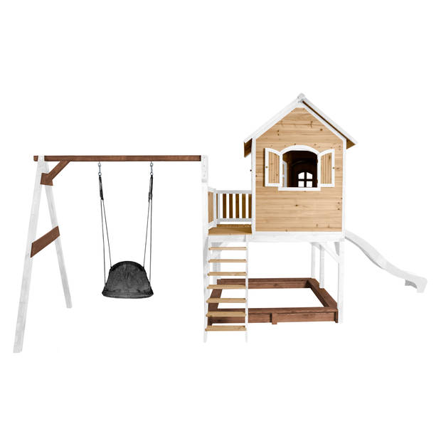 AXI Liam Speelhuis op palen, zandbak, nestschommel & witte glijbaan Speelhuisje voor de tuin / buiten in bruin & wit