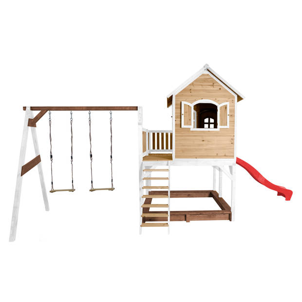 AXI Liam Speelhuis op palen, zandbak, dubbele schommel & rode glijbaan Speelhuisje voor de tuin / buiten in bruin &