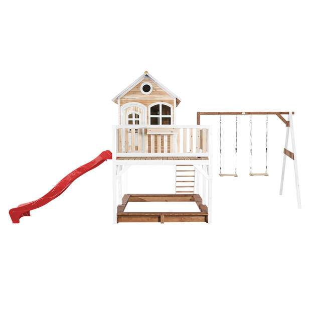 AXI Liam Speelhuis op palen, zandbak, dubbele schommel & rode glijbaan Speelhuisje voor de tuin / buiten in bruin &