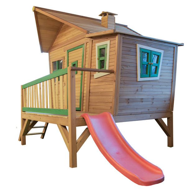AXI Emma Speelhuis op palen & rode glijbaan Speelhuisje voor de tuin / buiten in bruin & groen van FSC hout