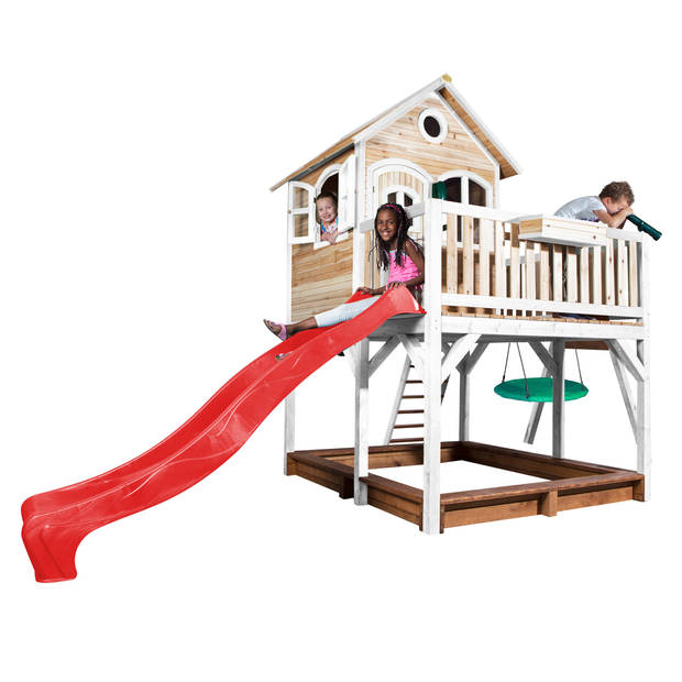 AXI Liam Speelhuis op palen, zandbak, nestschommel & rode glijbaan Speelhuisje voor de tuin / buiten in bruin & wit