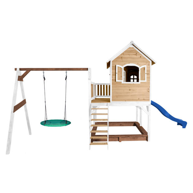 AXI Liam Speelhuis op palen, zandbak, nestschommel & blauwe glijbaan Speelhuisje voor de tuin / buiten in bruin & wit