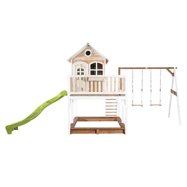 AXI Liam Speelhuis op palen, zandbak, dubbele schommel & limoen groene glijbaan Speelhuisje voor de tuin / buiten in