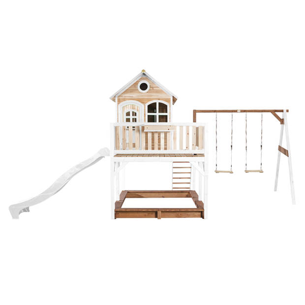 AXI Liam Speelhuis op palen, zandbak, dubbele schommel & witte glijbaan Speelhuisje voor de tuin / buiten in bruin &