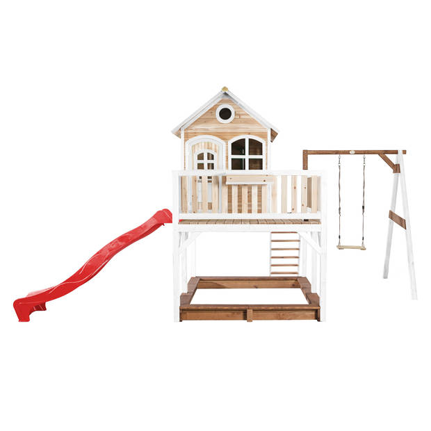 AXI Liam Speelhuis op palen, zandbak, enkele schommel & rode glijbaan Speelhuisje voor de tuin / buiten in bruin & wit