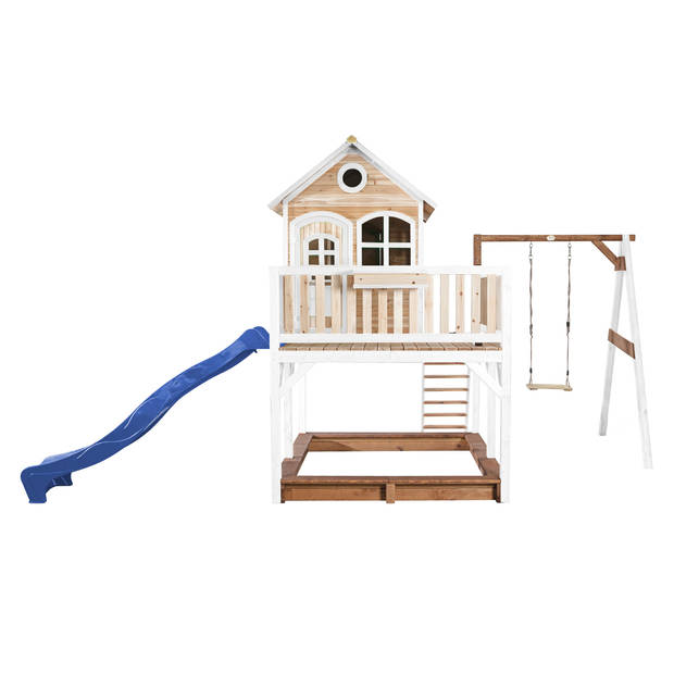 AXI Liam Speelhuis op palen, zandbak, enkele schommel & blauwe glijbaan Speelhuisje voor de tuin / buiten in bruin &