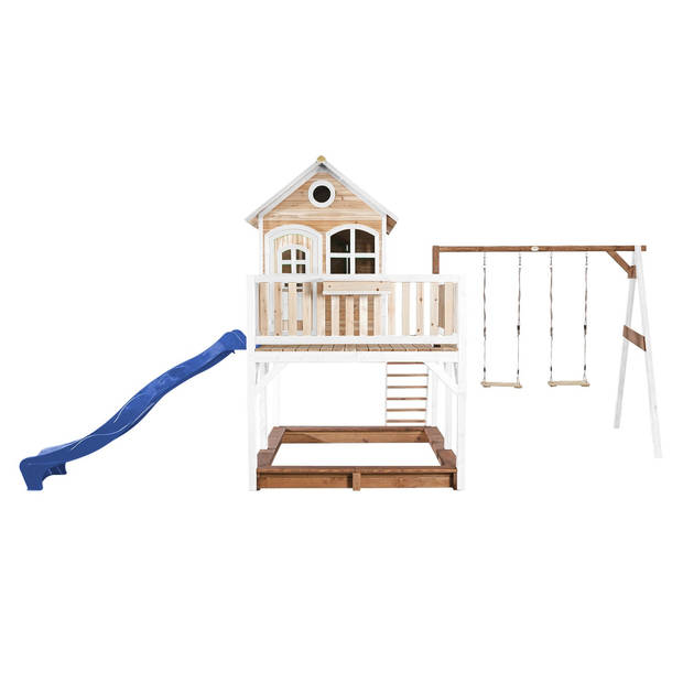 AXI Liam Speelhuis op palen, zandbak, dubbele schommel & blauwe glijbaan Speelhuisje voor de tuin / buiten in bruin &