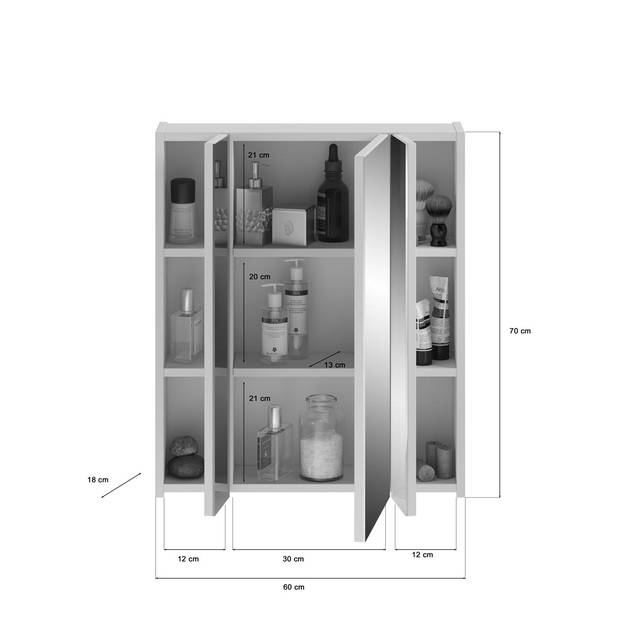 Linus spiegelkast 3 deuren met licht hoog glans wit,wit.