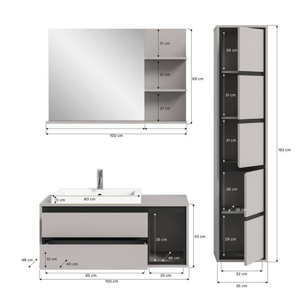 Jaru badkamer 150cm grijs,zwart.