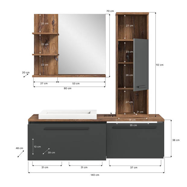 Ramon badkamer 140cm grijs,eik decor.