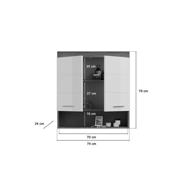 Scout badkamerkast wandmontage 2 deuren, 1 plank hoog glans wit,rookkleurig.