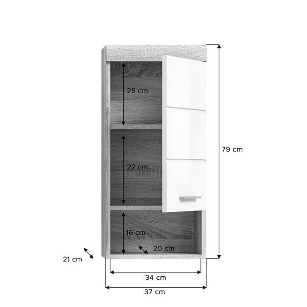 Lambada badkamerkast wandmontage 1 deur, 1 plank hoog glans wit,eik decor.