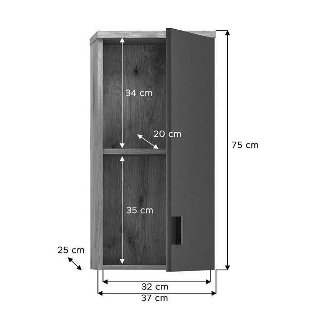 Grado badkamerkast wandmontage 1 deur eik decor,mat grijs.