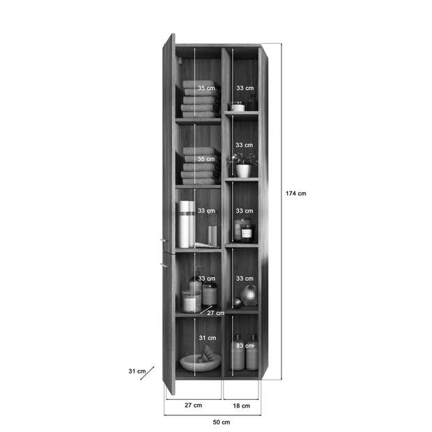 York badkamerkast wandmontage 1 deur, 5 planken rookkleurig.