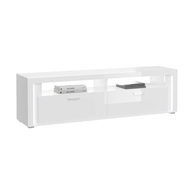 Skylight dressoir 1 klep, 2 planken met licht hoog glans wit,glas grijs,wit.