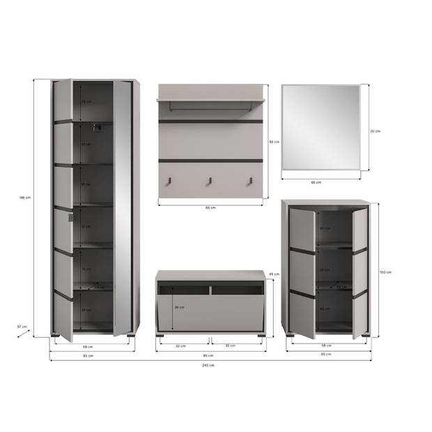 Jaru garderobe opstelling 5 delen grijs,zwart.