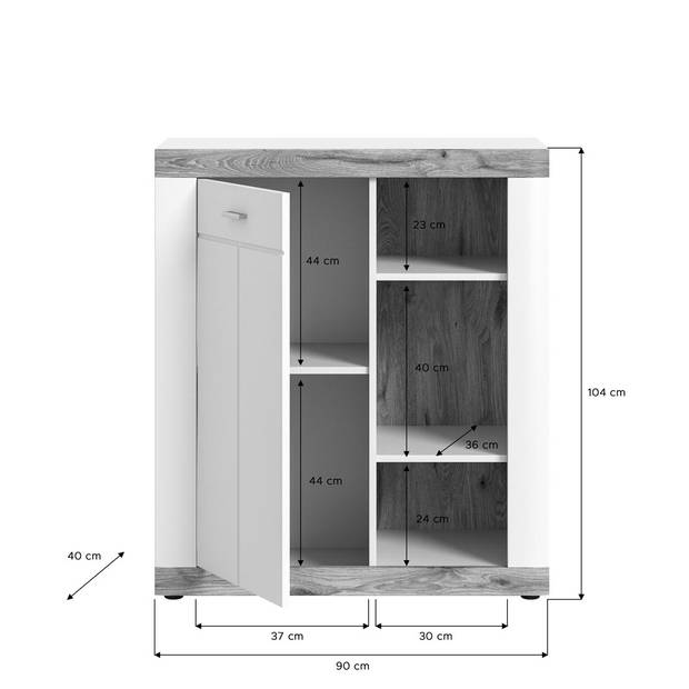 Laredo kommode 1 deur, 2 planken mat wit,eik decor,wit.