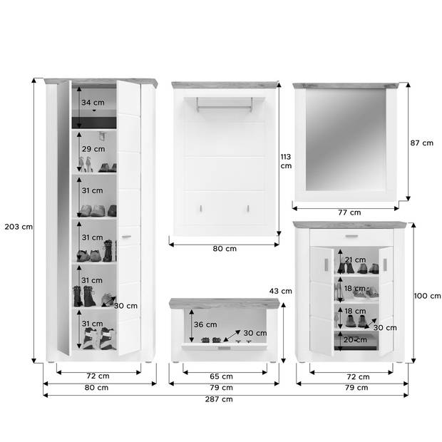 Michigan garderobe opstelling 5 delen mat wit, wit, eik decor.