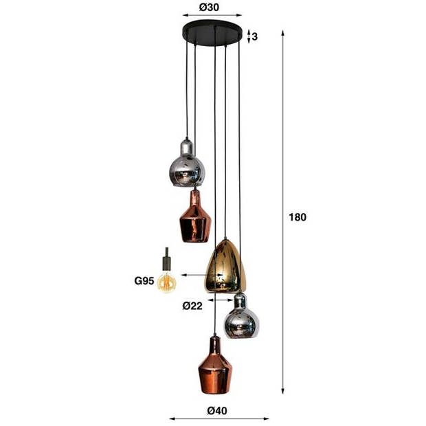 Hoyz - Hanglamp 5L Mix - Glass Tricolore - Getrapt - Artic zwart