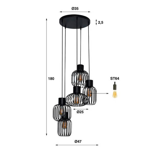 Hoyz - Hanglamp 5L Mix - Getrapt - Metal - Donkergrijs