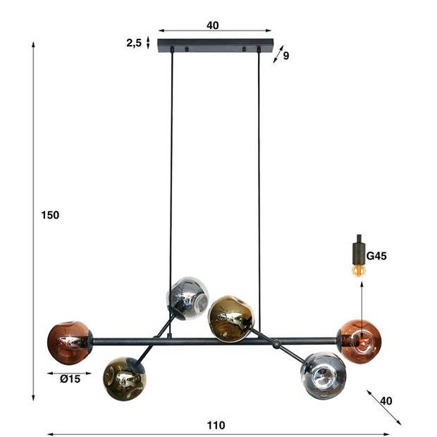 Hoyz - Hanglamp 6L Molecule Mix - Glass - Artic zwart