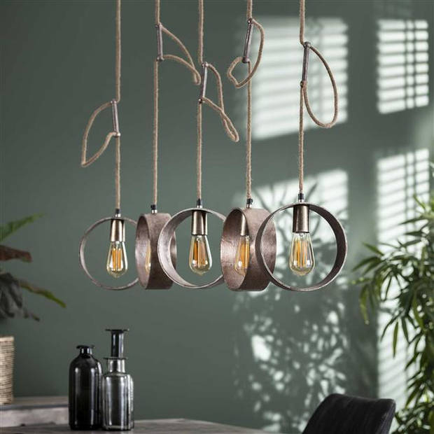 Hoyz - Hanglamp met 5 Lampen -Jutte touwen - Grijs - Industriële Hanglamp voor woonkamer of eetkamer