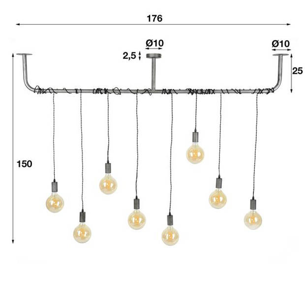 Hoyz - Hanglamp - 8 Armatuur Punten - Metaal - Gewikkeld - Diverse Hoogte