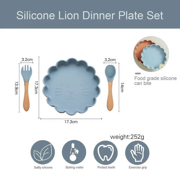 Siliconen Diner Set Lion Bordje en Bestek Blauw