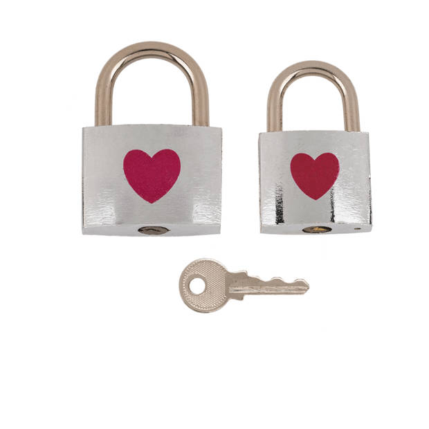 Liefdesslotjes - Zilver met rood hart - Met 1 sleutel - 2 stuks - 3 x 4,7 cm & 3,5 x 5 cm - Liefde cadeau - Valentijns