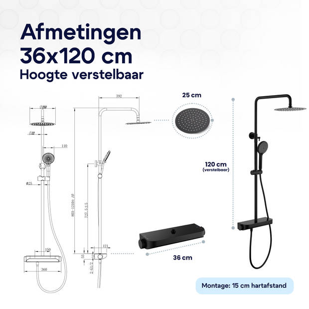 Luzzo® Varese Regendouche Thermostaat met Planchet - Mat Zwart