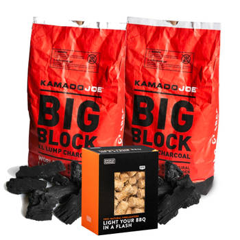 2 zakken houtskool Big Block Kamado Joe + 1 zak aanmaakwokkels