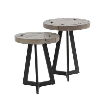 Giga Meubel - Bijzettafel Rond - Grijs Teakhout - Set Van 2 - 40x40x50cm