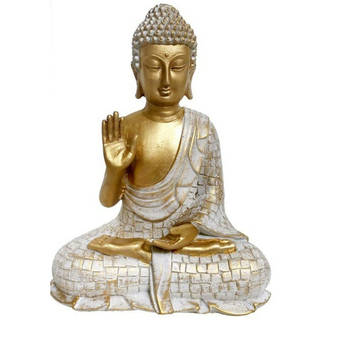 Boeddha decoratie beeldje - kunststeen - goud/wit - 22cm hoog - Beeldjes