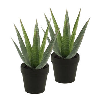 Kunstplant Aloe Vera - 2x - groen - in zwarte pot - 23 cm - Kunstplanten