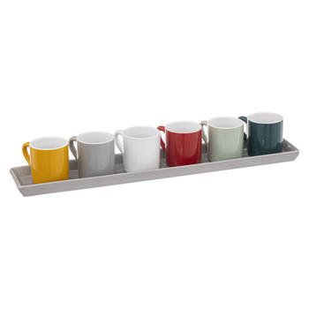 Espresso/koffie kopjes set - 6x - met dienblad - aardewerk kopjes - 90ml - diverse kleuren - Koffie- en theeglazen