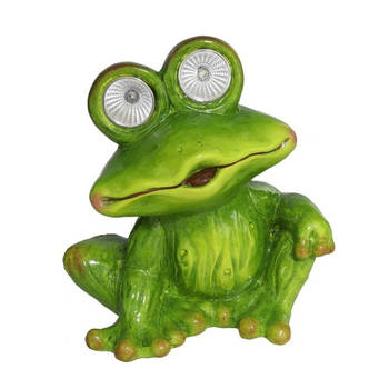 Gerimport Tuinbeeld dier kikker zittend - kunststeen - H20 cm - groen - Solar light kikker - Tuinbeelden