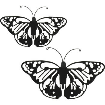 Decoris tuin wanddecoratie vlinders - zwart - metaal - 17 x 12 cm - 36 x 25 cm - Tuinbeelden