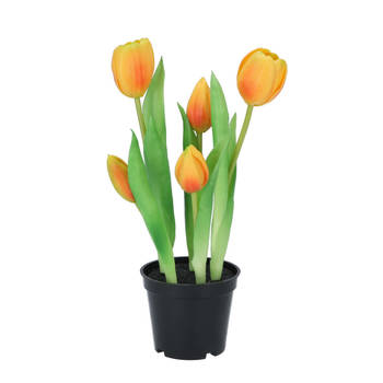 DK Design Kunst tulpen Holland in pot - 5x stuks - oranje - real touch - 26 cm - Kunstbloemen