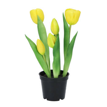 DK Design Kunst tulpen Holland in pot - 5x stuks - geel - real touch - 26 cm - Kunstbloemen
