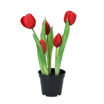 DK Design Kunst tulpen Holland in pot - 5x stuks - rood - real touch - 26 cm - Kunstbloemen