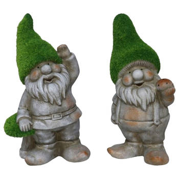 Tuinkabouter beeldje - set van 2 - Dwarf Barry en Grumpy - grasgroen - 28 cm - polystone - Tuinbeelden