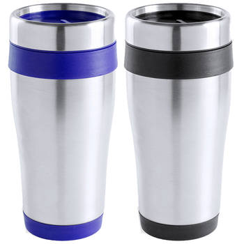 Warmhoudbekers/thermos isoleer koffiebekers/mokken - 2x stuks - RVS - zwart en blauw - 450 ml - Thermosbeker