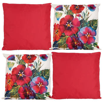 Bank/tuin kussens set - binnen/buiten - 4x stuks - rood/print - In een 2 kleuren mix - Sierkussens