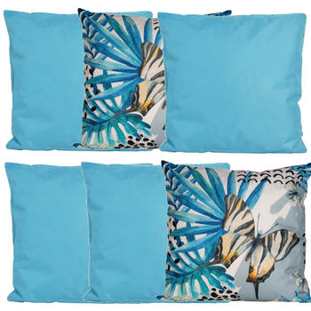 Bank/tuin kussens set - binnen/buiten - 6x stuks - lichtblauw/print - In een 2 kleuren mix - Sierkussens