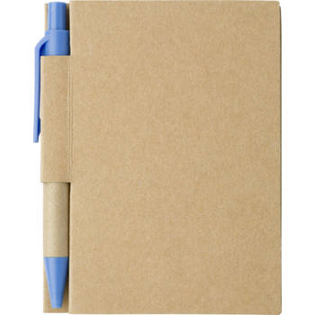Notitie/opschrijf boekje met balpen - harde kaft - beige/blauw - 11x8cm - 80blz gelinieerd - Notitieboek